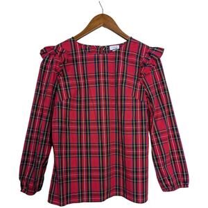 J. Crew Red Tartan Plaid Ruffle Flutter Shoulder Top XS Long Sleeve AT885